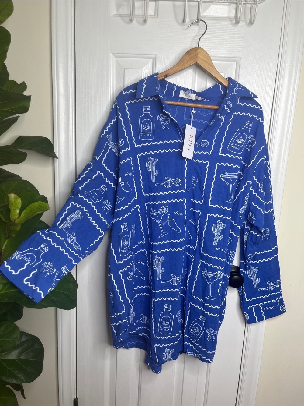Billy J Shirt Dress Coverup Chilli Cactus Print Blue White Piper NWT Size XXL